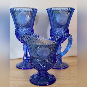 Vintage Fostoria Cobalt Blue Avon Pitcher/Creamer and Two Goblets W/ Orig Candle
